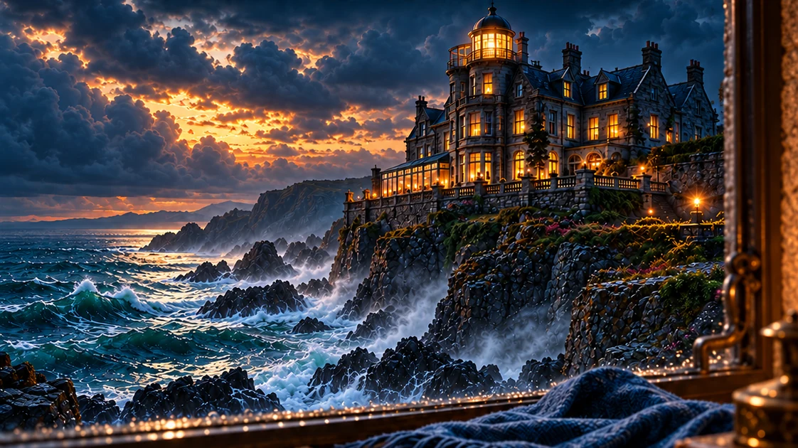 Illuminated coastal mansion overlooking stormy ocean